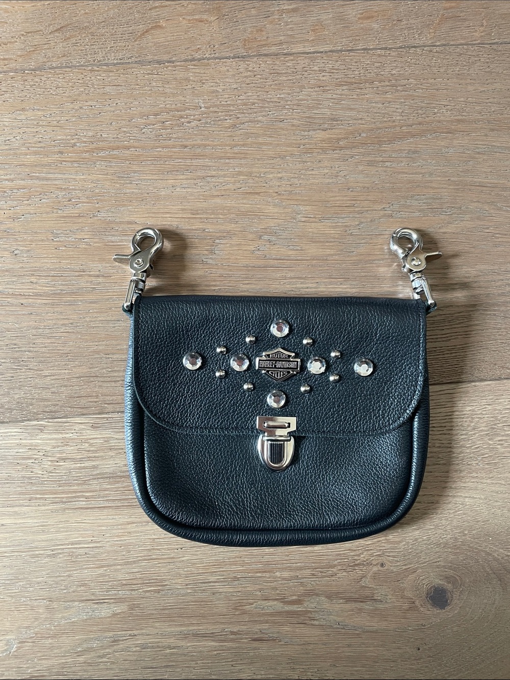 Harley Davidson Studded Rhinestones Belt Bag Mini Pouch Black Biker Clip Style